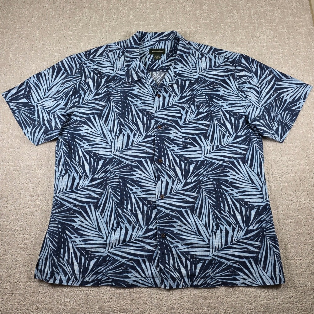 Eddie Bauer Mens XXL Blue Tropical Palm Leaf Linen Blend Button Down Shirt
